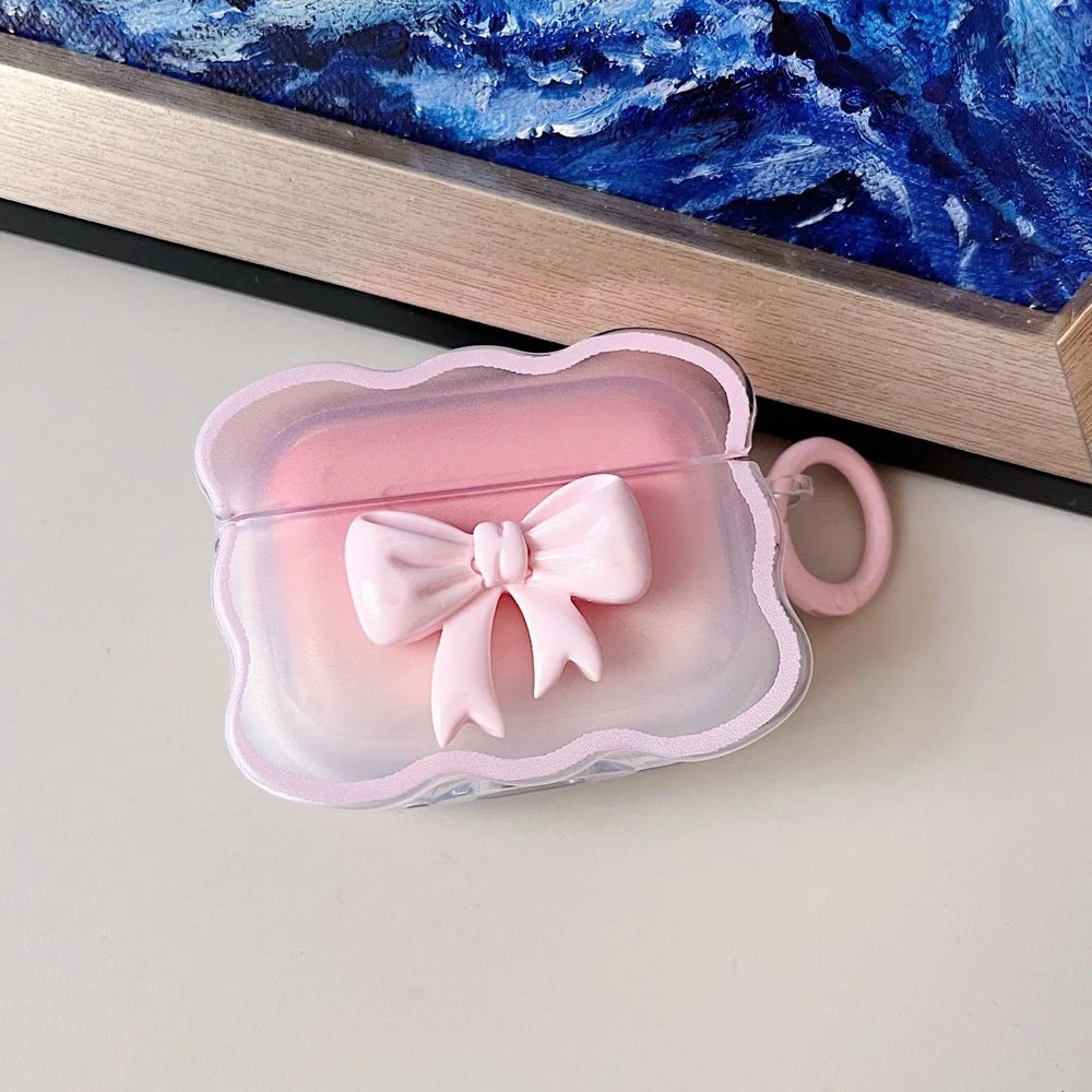 3D Bow Wave Pink Floral AirPods Case for 1, 2 & Pro with Keychain Cover