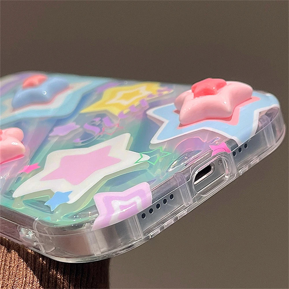 Korean Y2K 3D Star Clear Phone Case for iPhone 7–15 Pro Max – Soft & Cute