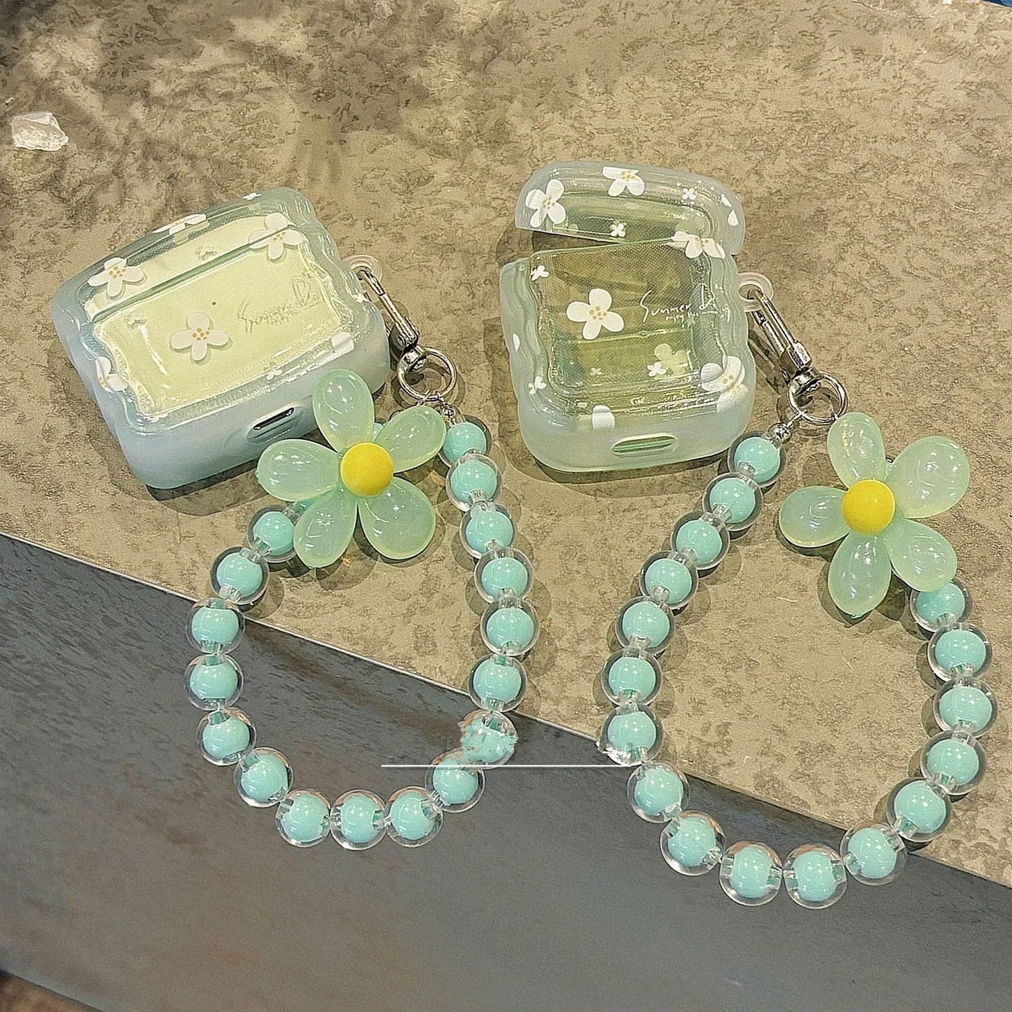 Cute Green Flower AirPods Case | Soft TPU Protective Cover with Hook