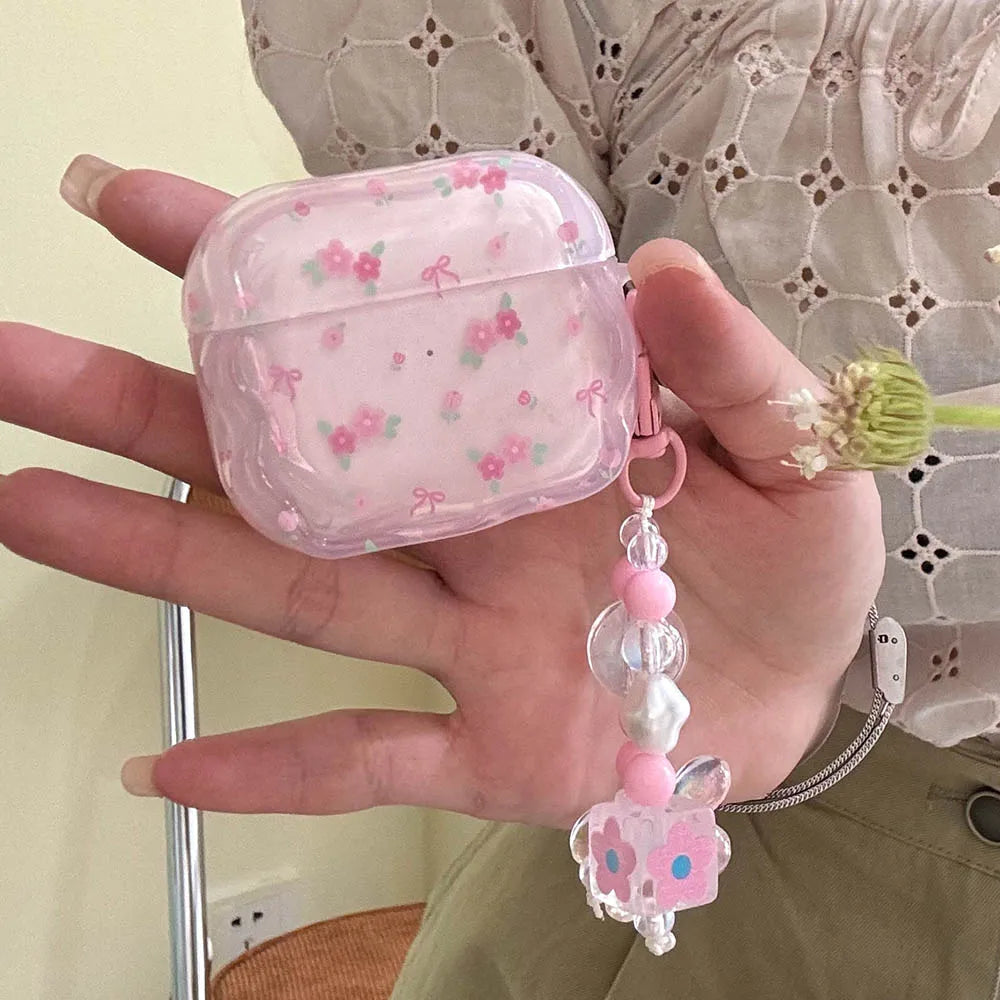 Cute Pink Flower AirPods Case with Pearl Keychain for Pro 1/2/3/4 Gen