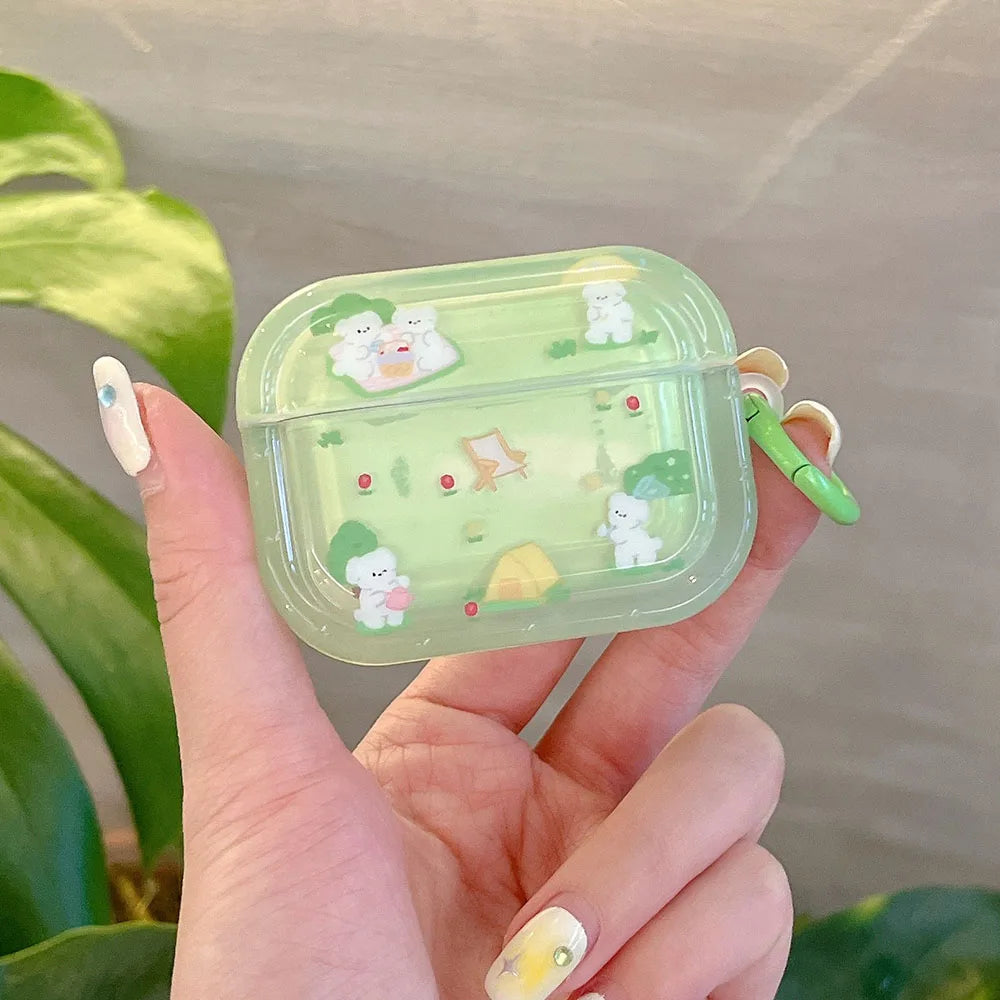 Cute Grass Dog & Cat Clear Case with Keychain for AirPods 1 2 3 4 Pro 2 Soft