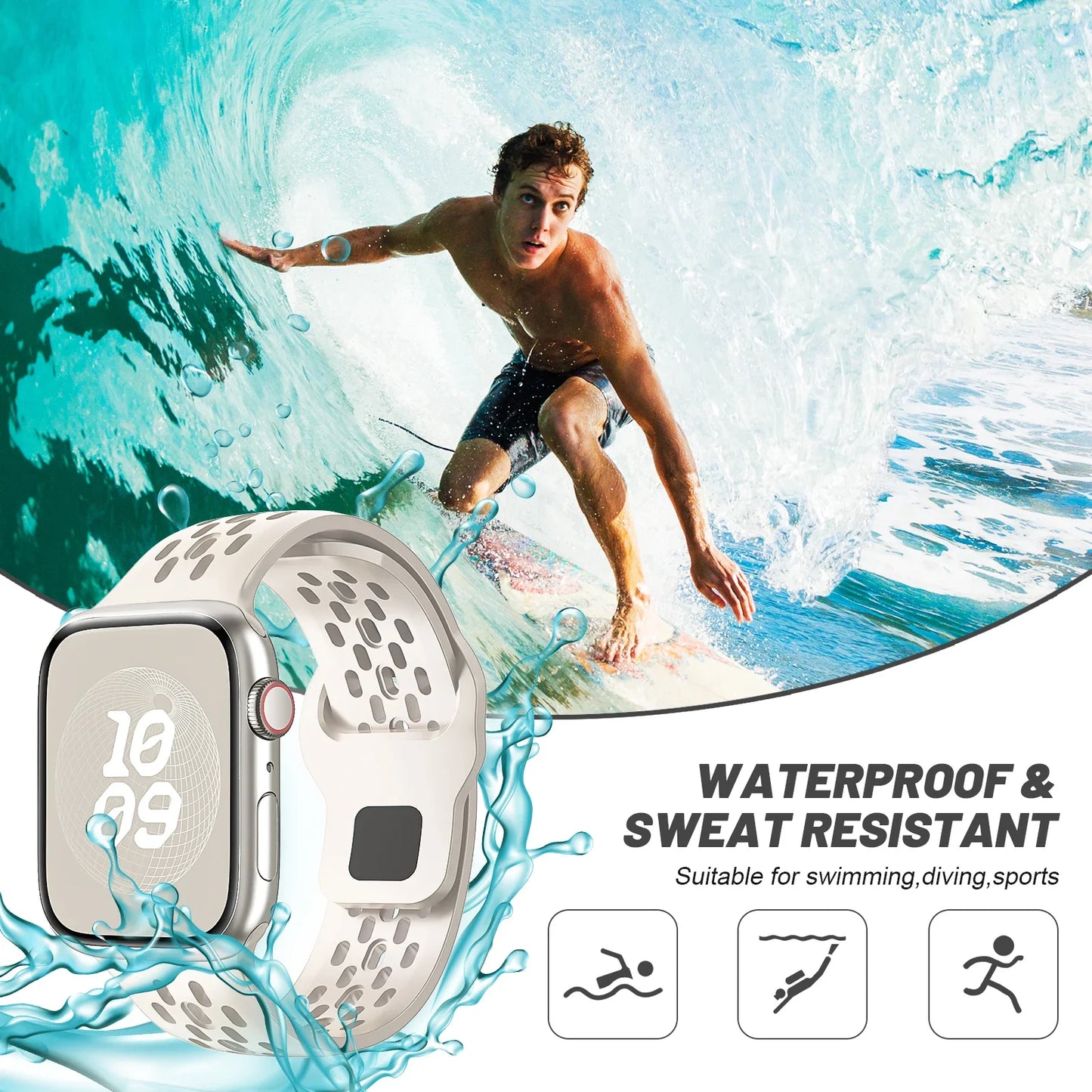 Silicone Sport Band for Apple Watch 3–Ultra, 38–49mm, Series 3–10 Adjustable Strap