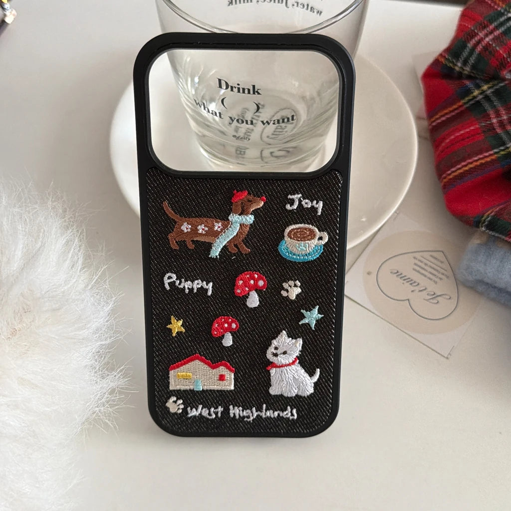 Cute Denim Embroidered Dachshund Phone Case with Lanyard for iPhone 17–14