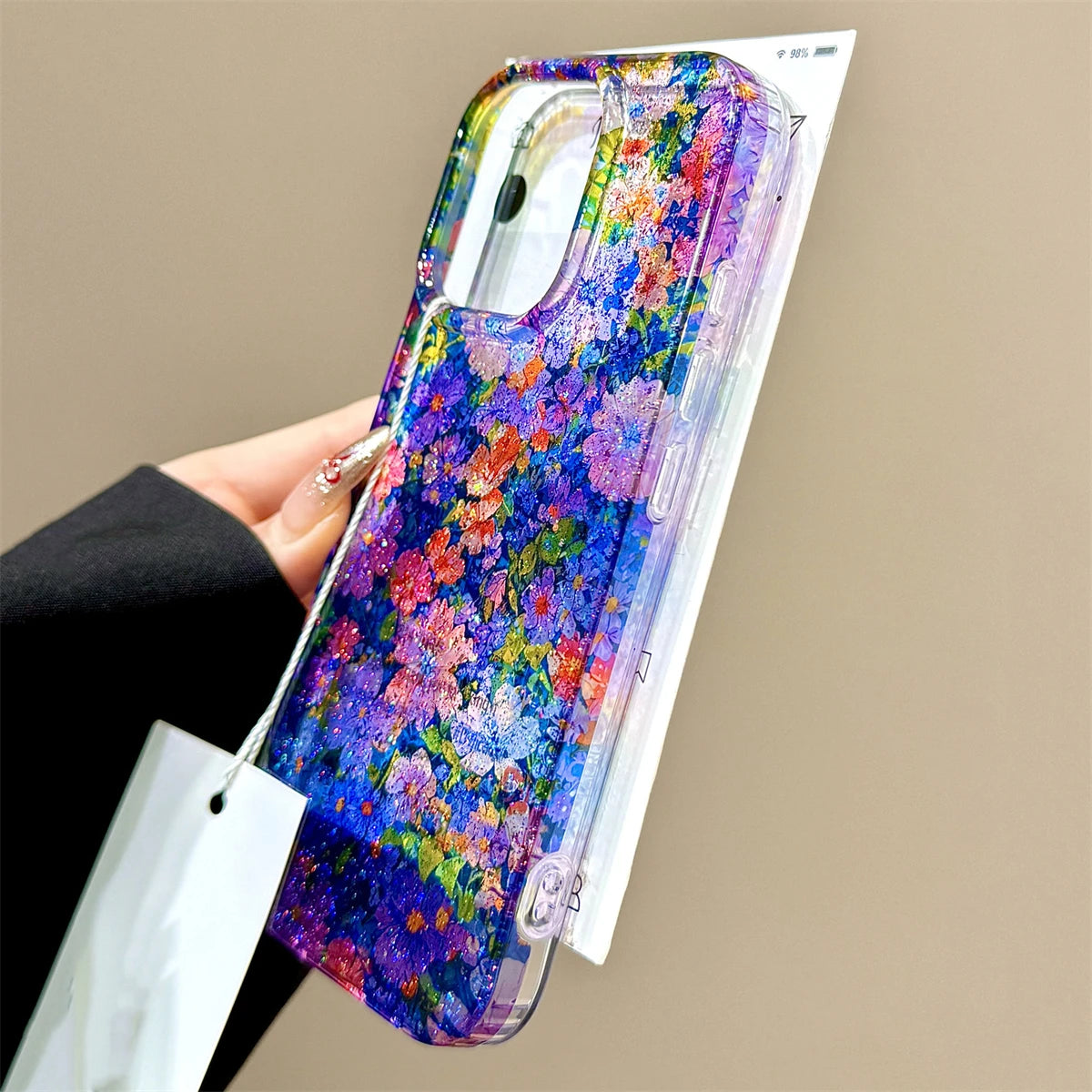 Retro Floral Oil Painting Phone Case for iPhone 16, 15, 14, 13 Pro Max, Sequins