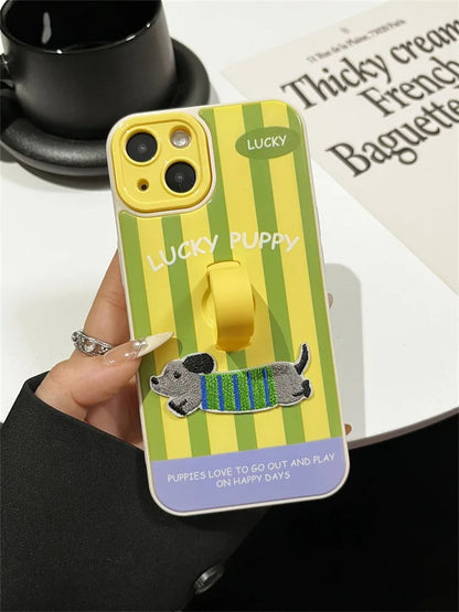 Cute Dachshund Ring Holder Case for iPhone 11–16 Pro Max – Stripe Design