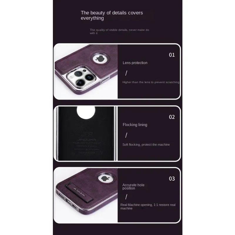 Invisible Fold Stand Leather Case for iPhone 16–11 Pro Max with Gold Bezel