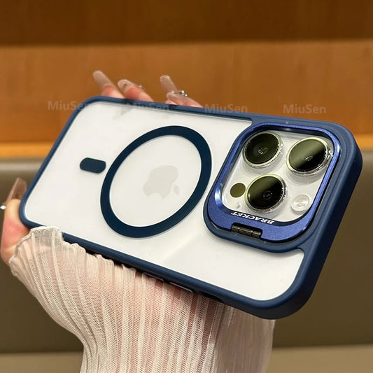 Transparent MagSafe Magnetic Case with Metal Lens Stand for iPhone 14 13 12 11