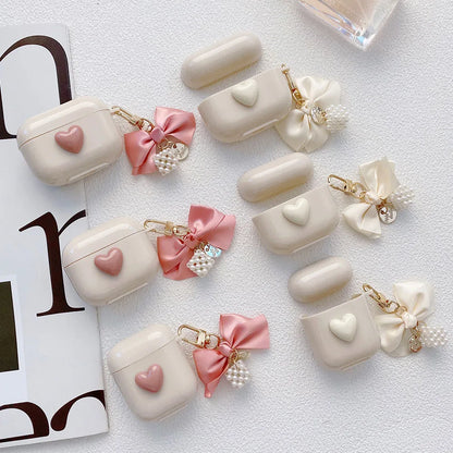 Ribbon Bowknot Pearl Keychain Case for AirPods 4 3 2 Pro Shockproof Cover