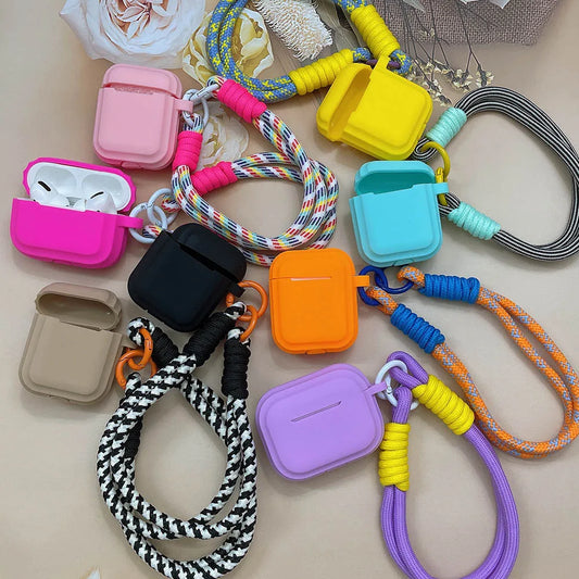 Korean Candy Color Soft Silicone Case for AirPods 1–4 with Anti-Lost Lanyard
