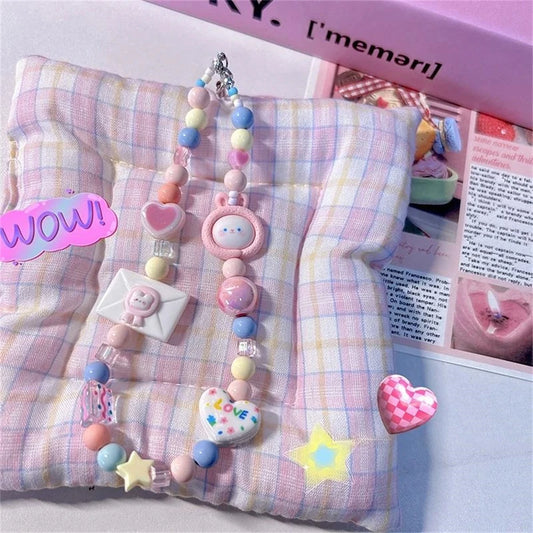 Korean Pink Rabbit Heart Star Beaded Phone Charm Lanyard for iPhone