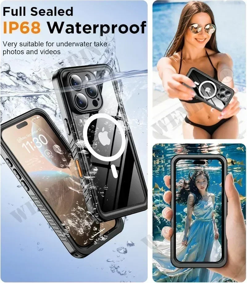IP68 Waterproof MagSafe Case for iPhone 16 15 14 Pro Max Plus Diving Cover