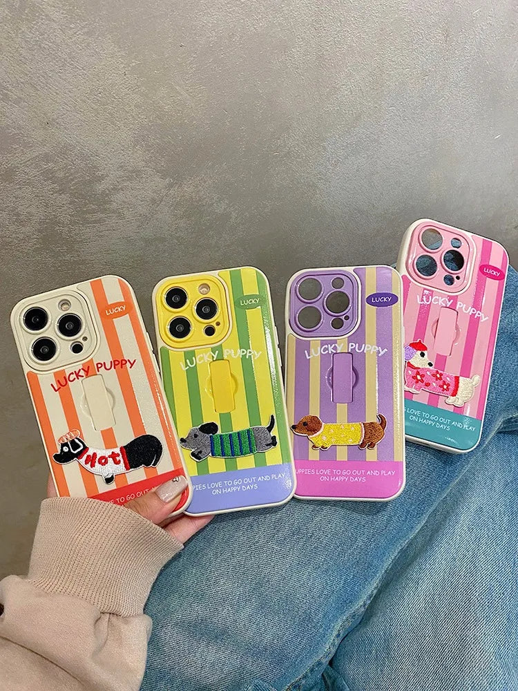 Cute Dachshund Ring Holder Case for iPhone 11–16 Pro Max – Stripe Design