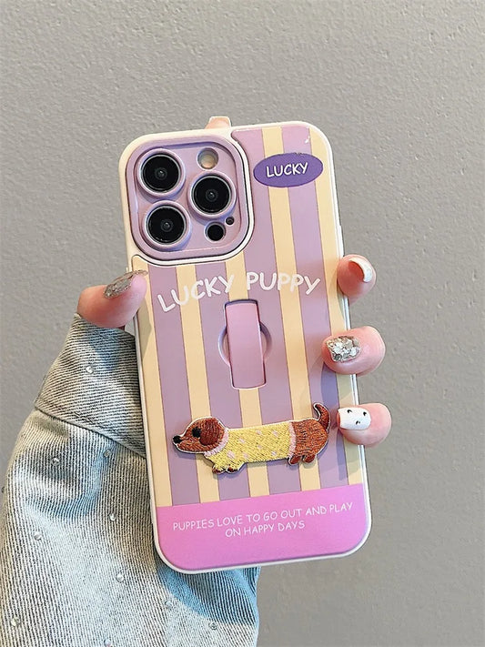 Cute Dachshund Ring Holder Case for iPhone 11–16 Pro Max – Stripe Design