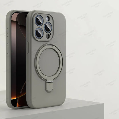 Magnetic Silicone Case with Kickstand Ring for iPhone 15 16 Pro Max Plus