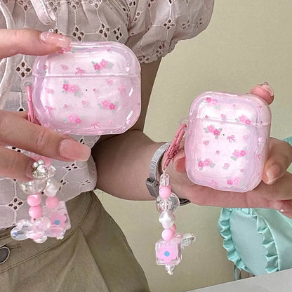 Cute Pink Flower AirPods Case with Pearl Keychain for Pro 1/2/3/4 Gen
