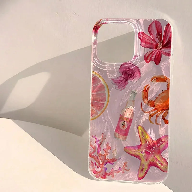 Cute Pink Sea Life Case for iPhone 16 15 14 13 12 11 Pro Max SE2