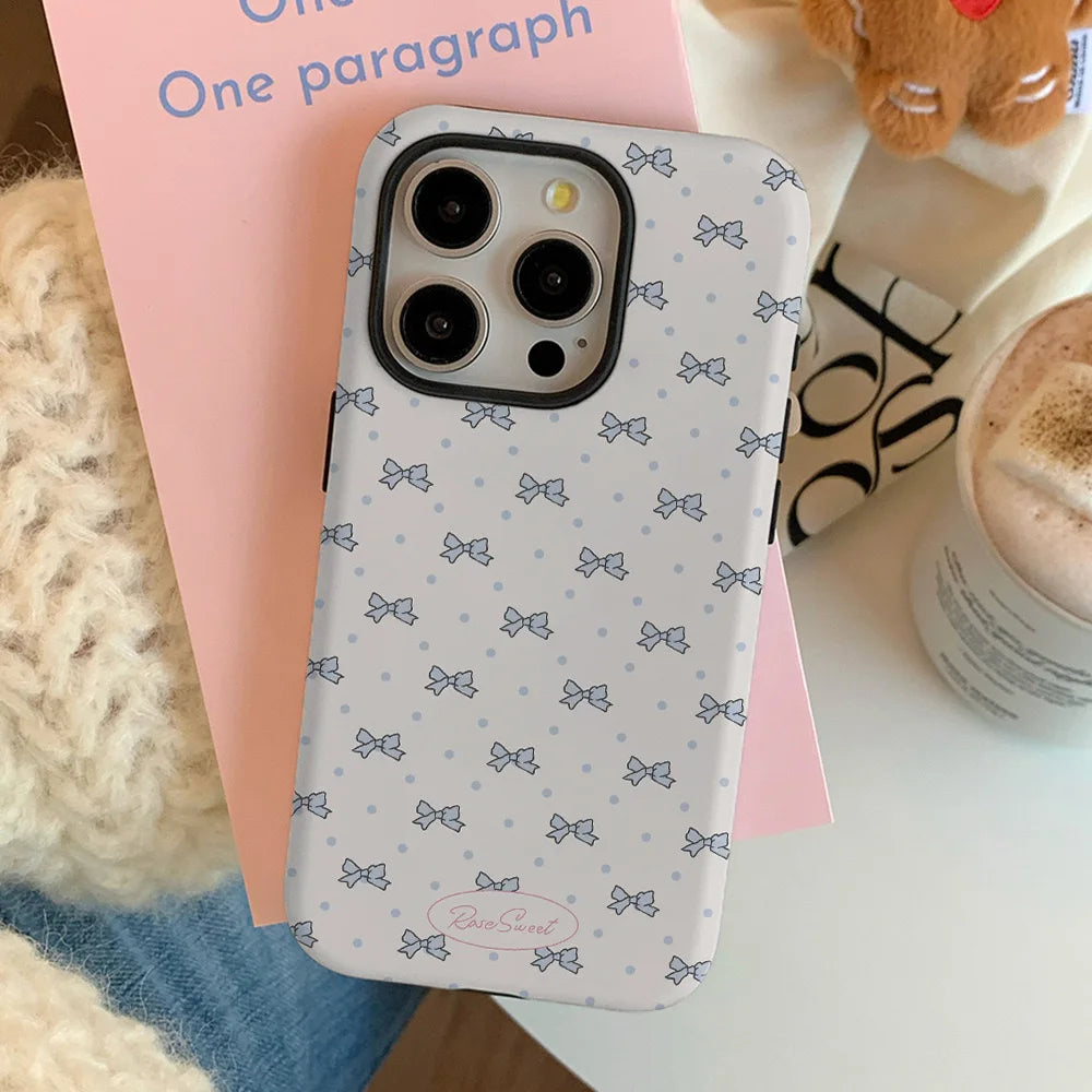 INS Korean Blue Bow Tie Case for iPhone 16 Pro Max 15 14 13 12 11 16 Plus