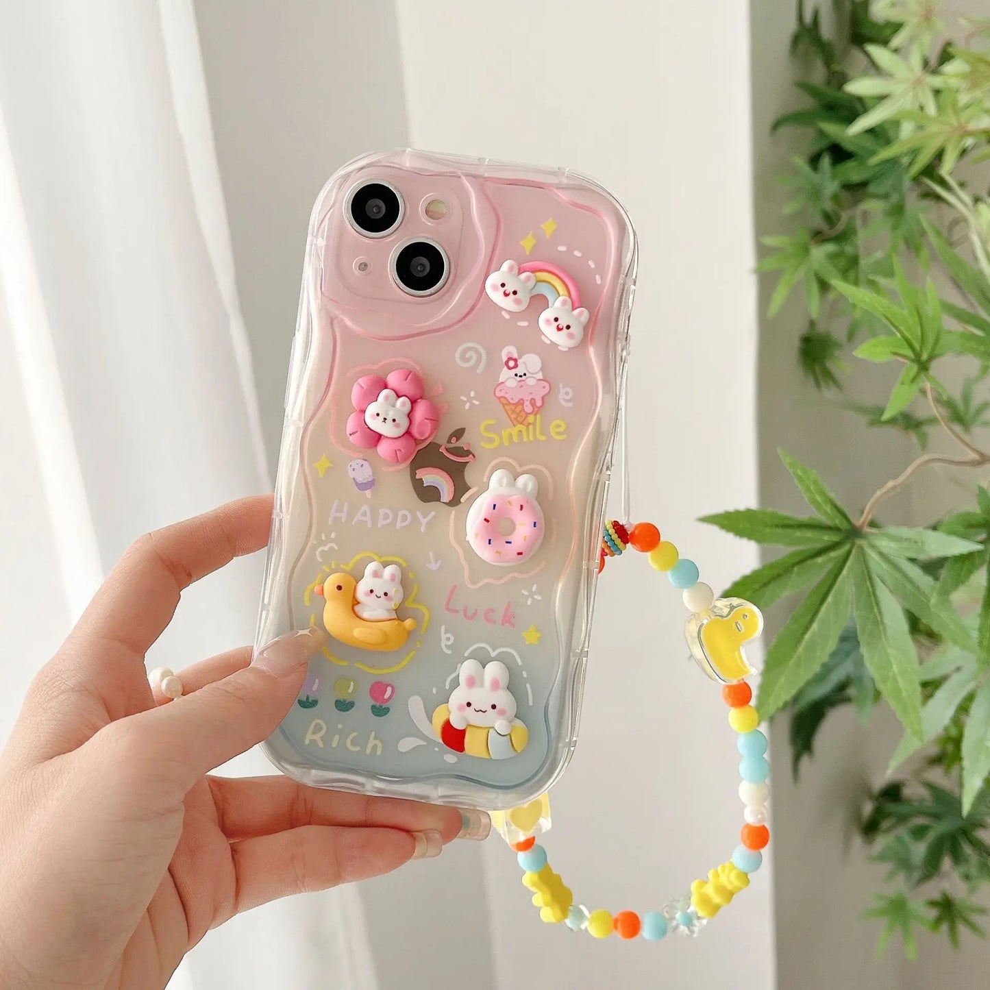 Soft Cartoon Rainbow Rabbit Phone Case for iPhone 16, 15, 14, 13, 12, 11 Pro Max
