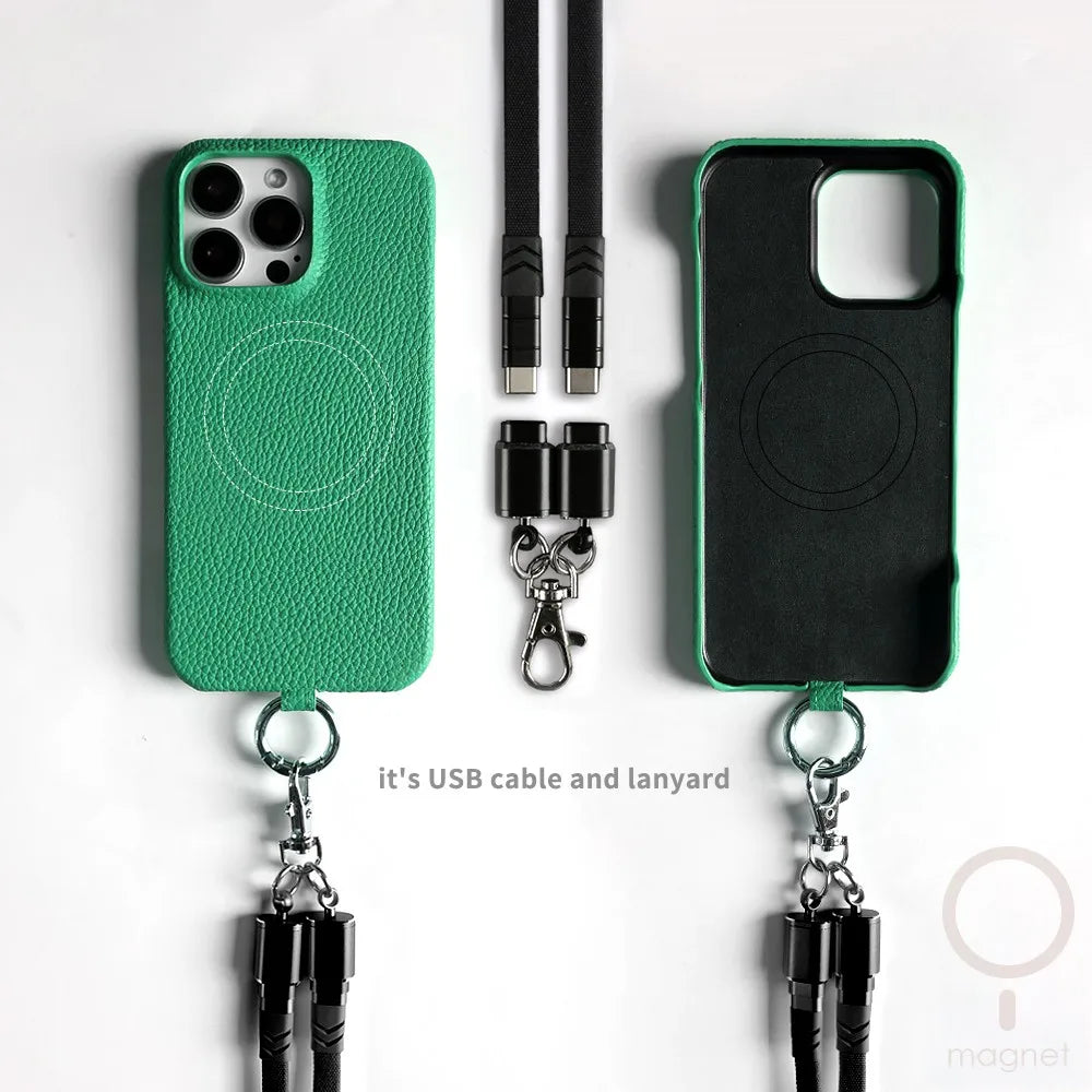 Leather MagSafe Case with USB Charging Lanyard for iPhone 16 Pro Max 15 14
