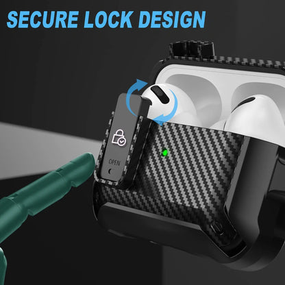 Carbon Fiber Hard Shell Case with Secure Lock Clip & Keychain for AirPods 1–3