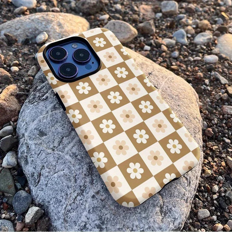 Luxury Plaid Flower Case for iPhone 16–7 Pro Max Fashion Double Layer