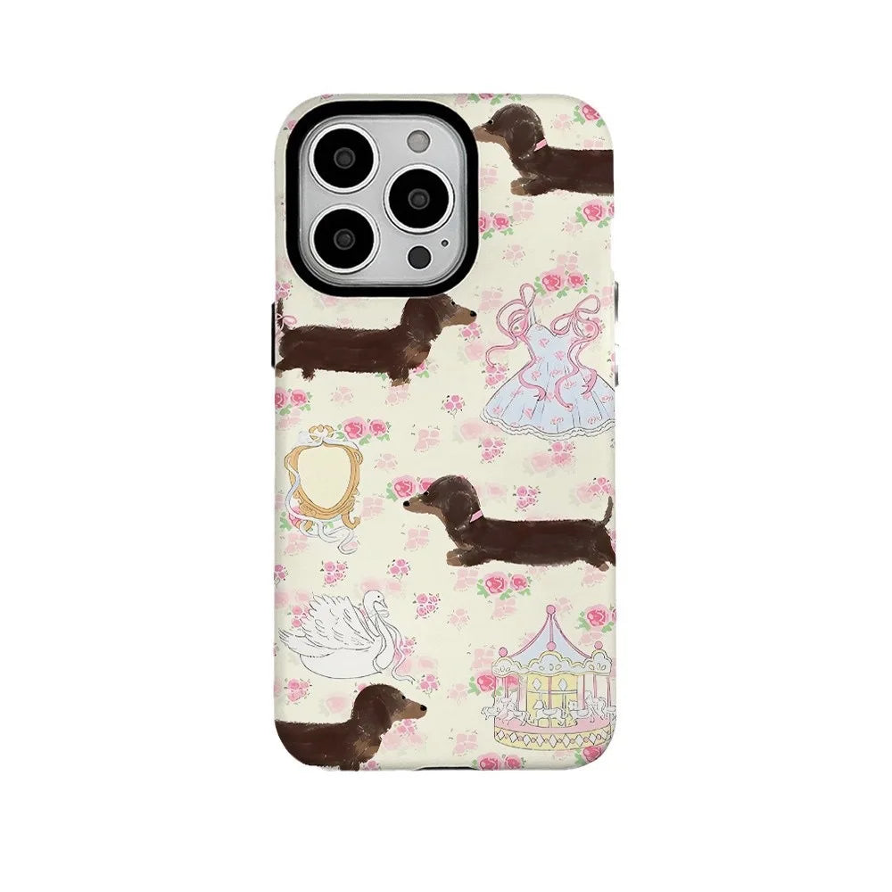 INS Floral Sausage Dog Case for iPhone 16 Pro Max 15 14 13 12 11 Pro Plus