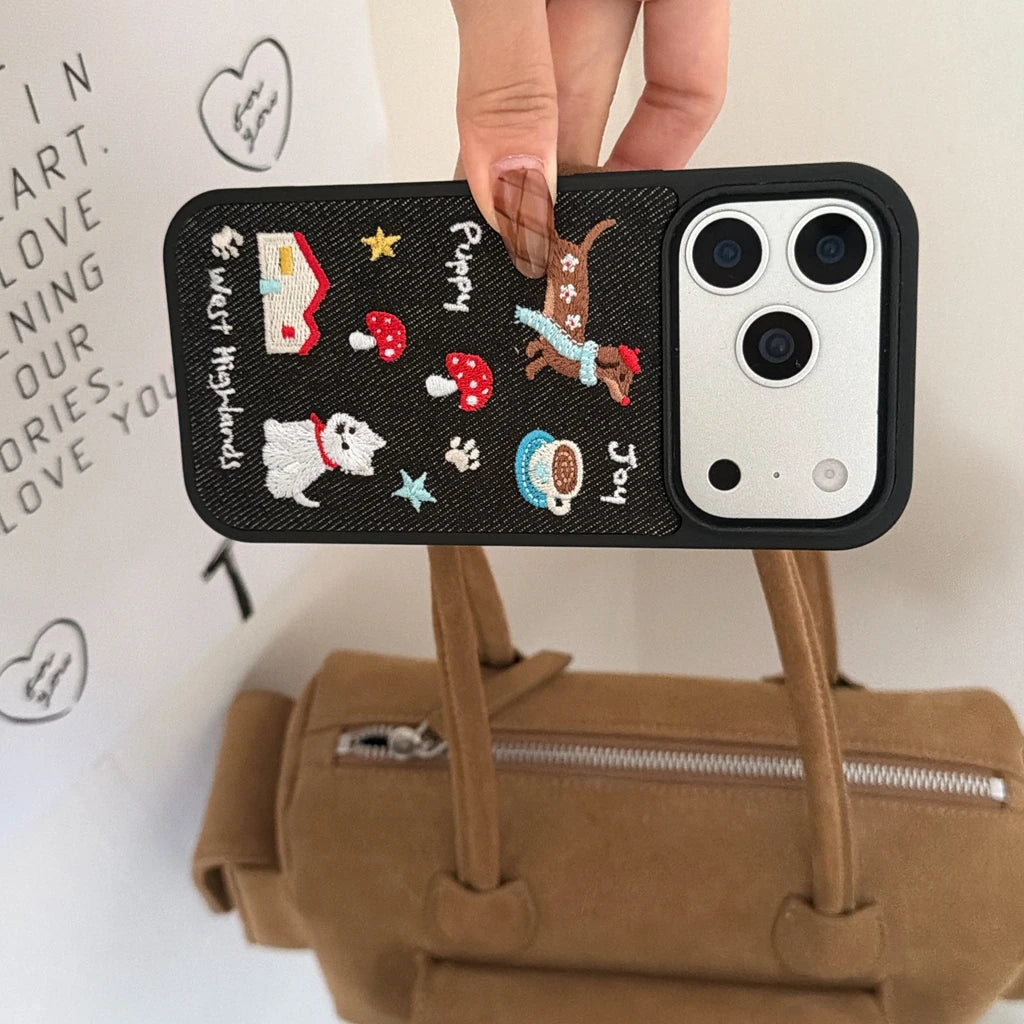 Cute Denim Embroidered Dachshund Phone Case with Lanyard for iPhone 17–14