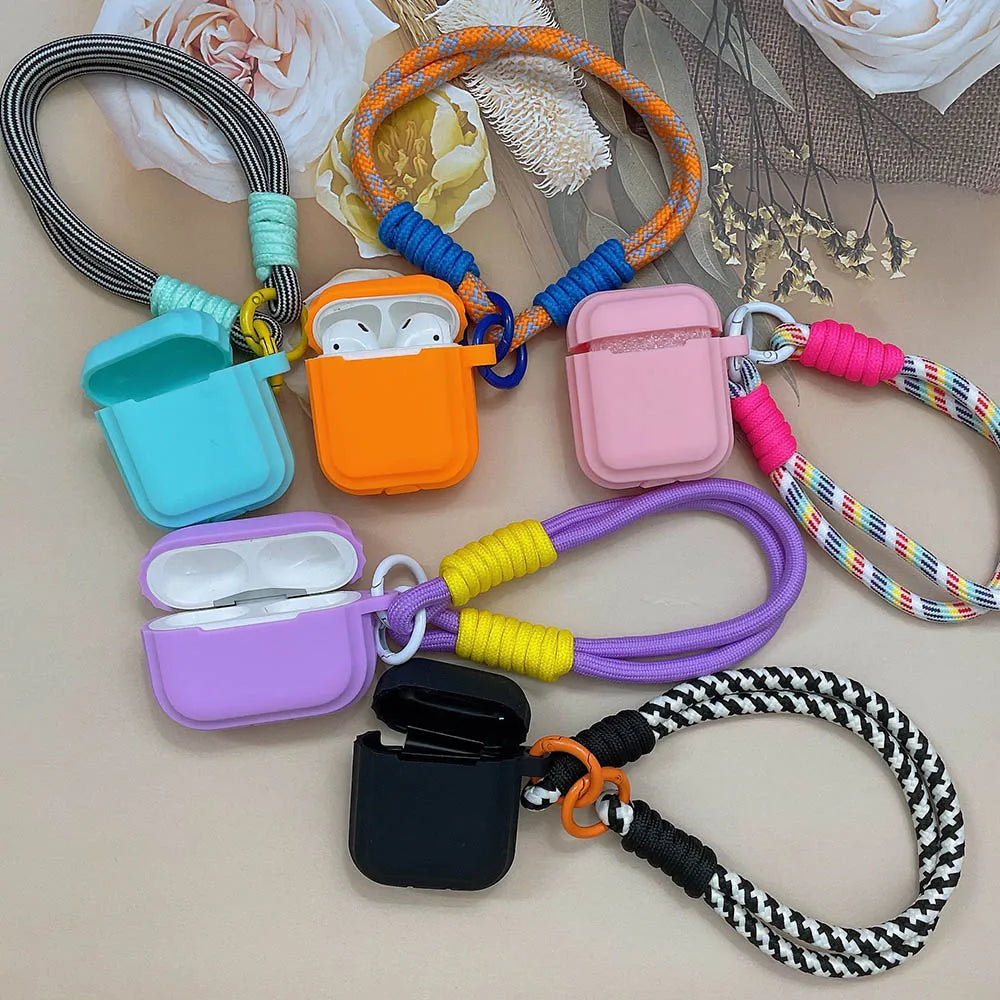 Korean Candy Color Soft Silicone Case for AirPods 1–4 with Anti-Lost Lanyard