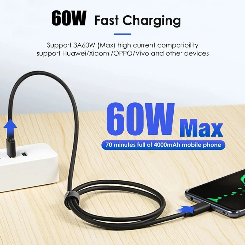 USB 3.2 Gen2 Type-C to Type-C Cable 10Gbps 60W QC3.0 Fast Charging 3A