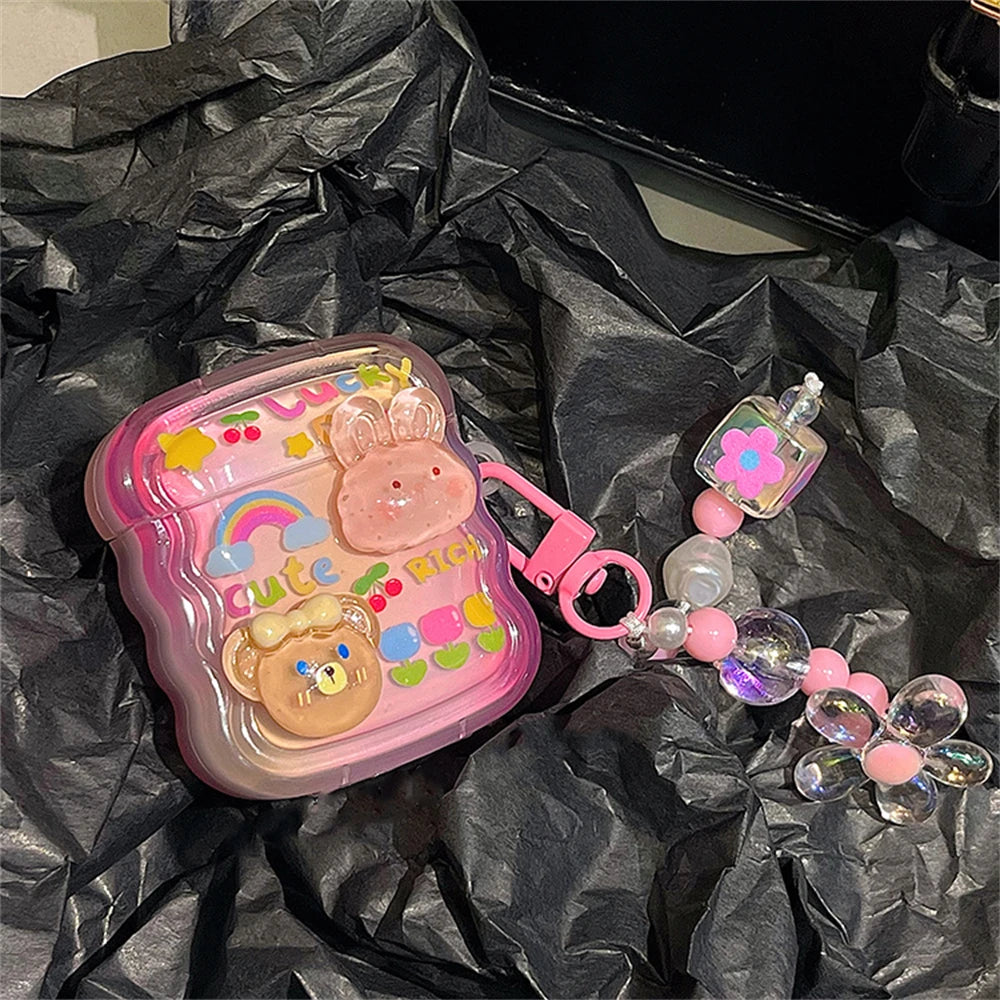 Korean 3D Rabbit Bear AirPods Case with Wavy Border & Beaded Pendant