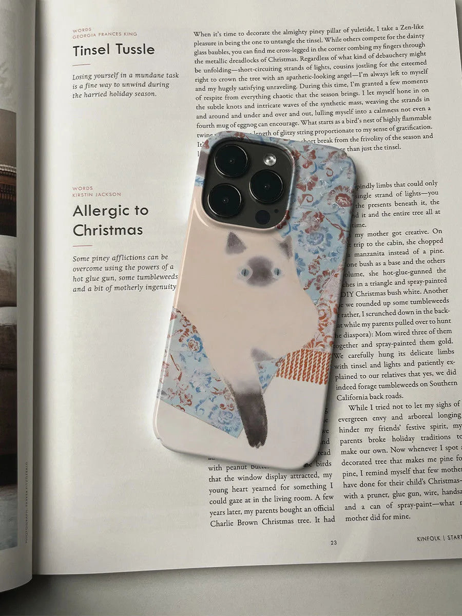Vintage INS Oil Painting Siamese Cat Phone Case for iPhone 11–16 Pro Max