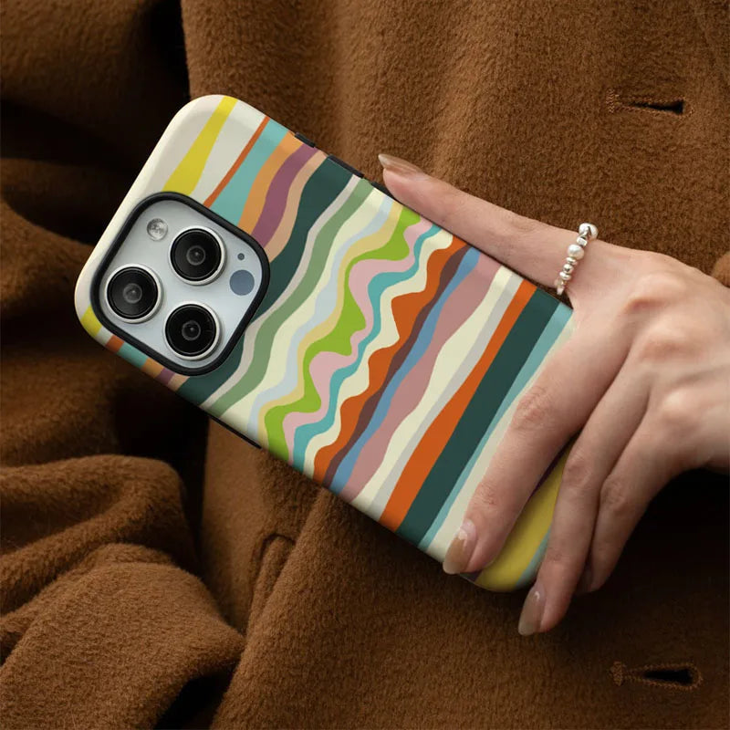 Colorful Striped Case for iPhone 16 15 14 13 12 11 Pro Max XR XS 7 8 Plus 2-in-1