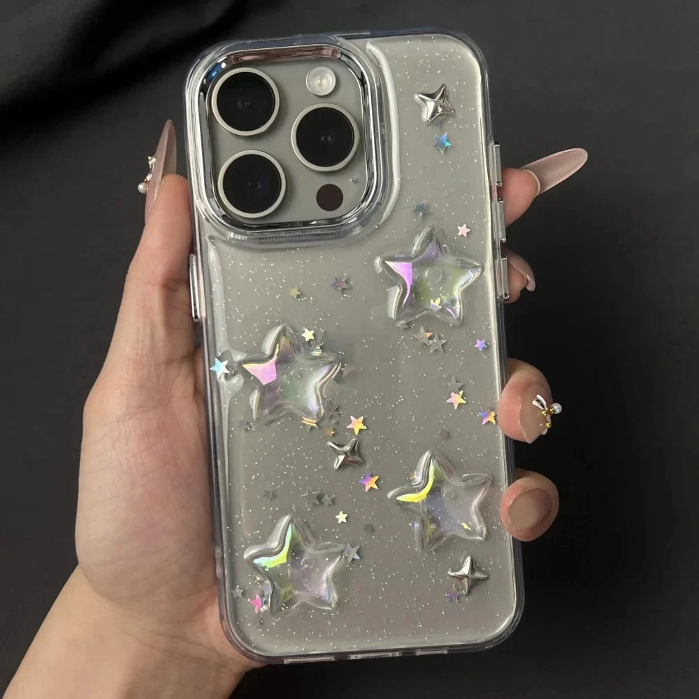 Korean Star Glitter Clear Case for iPhone 11–16 Pro Max – Lens Protective Cover