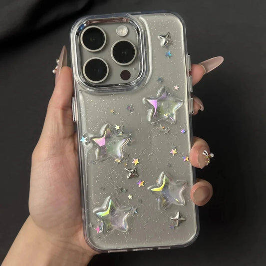 Korean Star Glitter Clear Case for iPhone 11–16 Pro Max – Lens Protective Cover