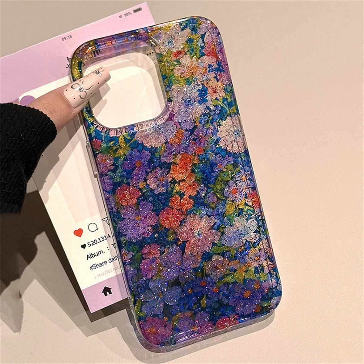 Retro Floral Oil Painting Phone Case for iPhone 16, 15, 14, 13 Pro Max, Sequins
