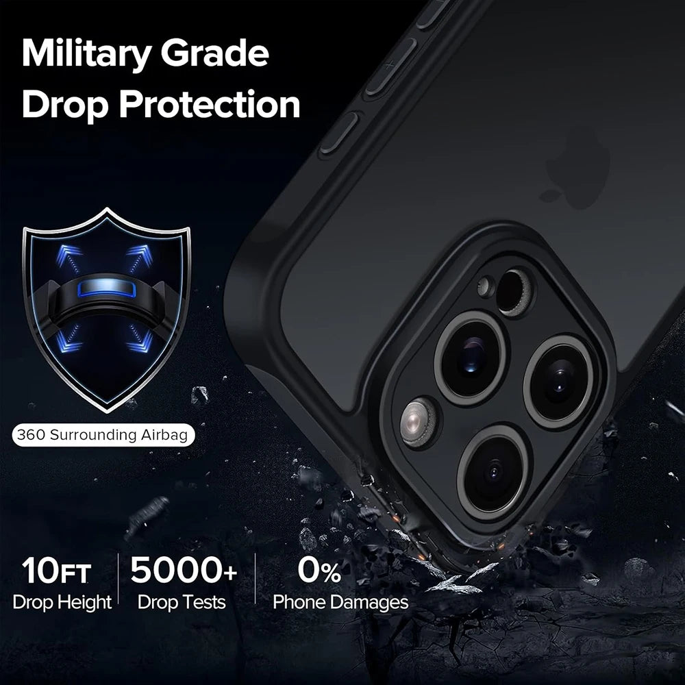 Hybrid Military Grade Shockproof Case Matte Black for iPhone 11 to 16 Pro Max
