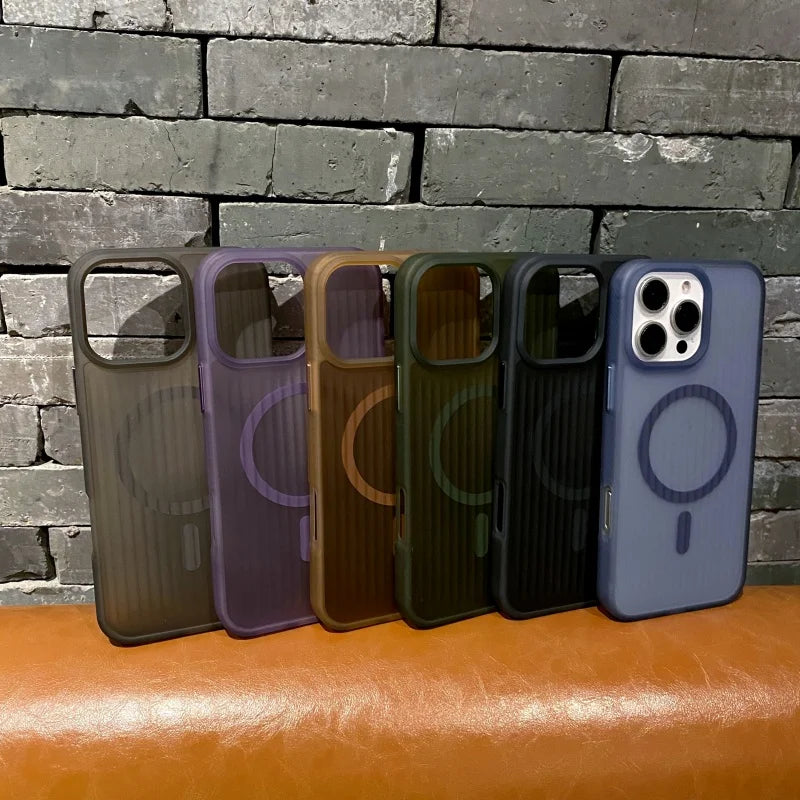 Corrugated Pattern MagSafe Case for iPhone 12–16 Pro Max Matte Shockproof Cover
