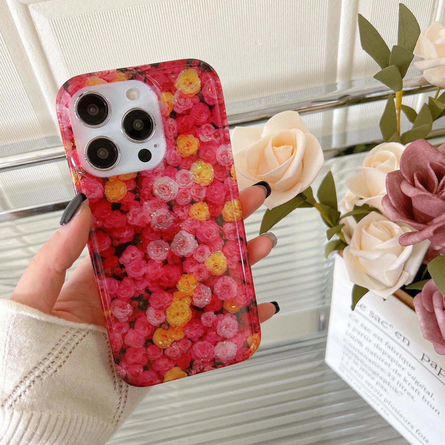 Korean INS Glitter Flowers Spring Vibe Case for iPhone 11–16 Pro Max Plus