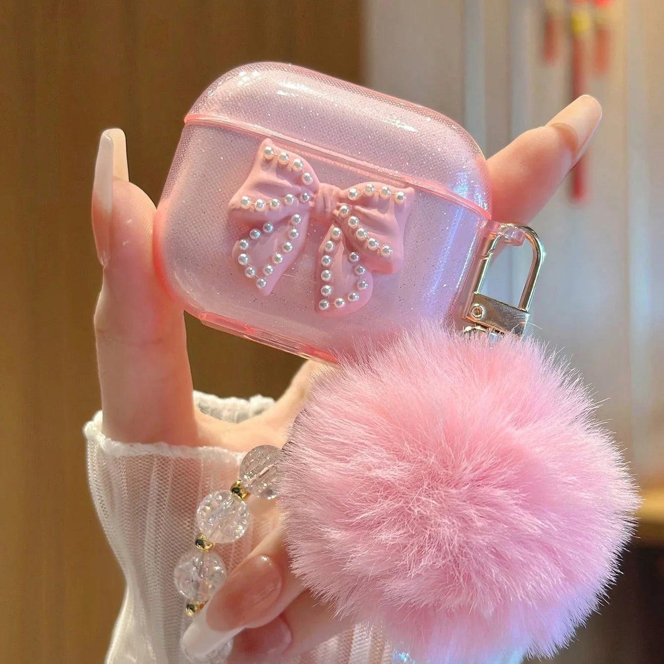 Glitter Bow TPU Case for AirPods Pro/Pro 2/3/4 with Crystal Pendant