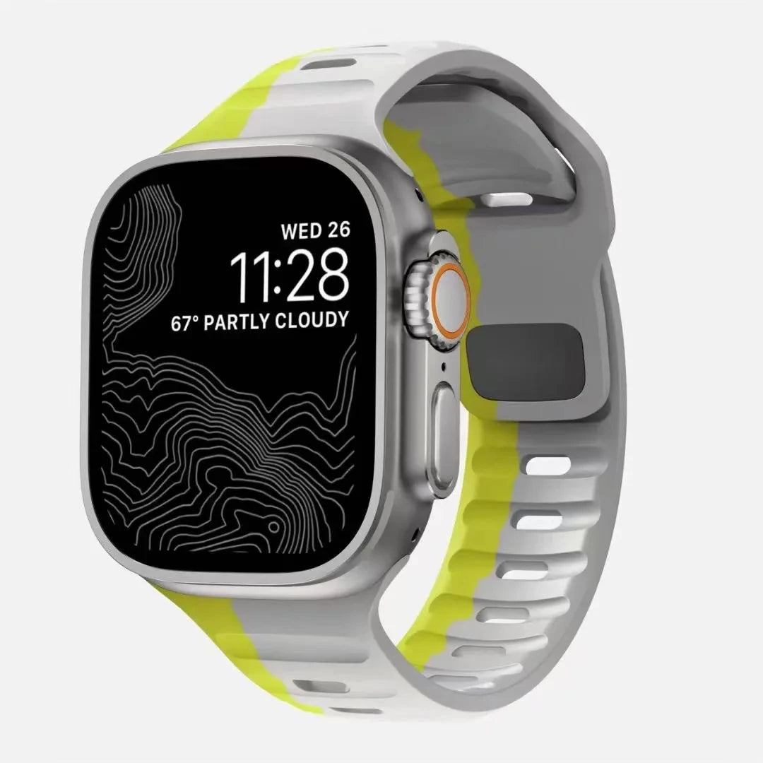Durable and comfortable silicone strap compatible with Apple Watch Series 5–9 & Ultra.