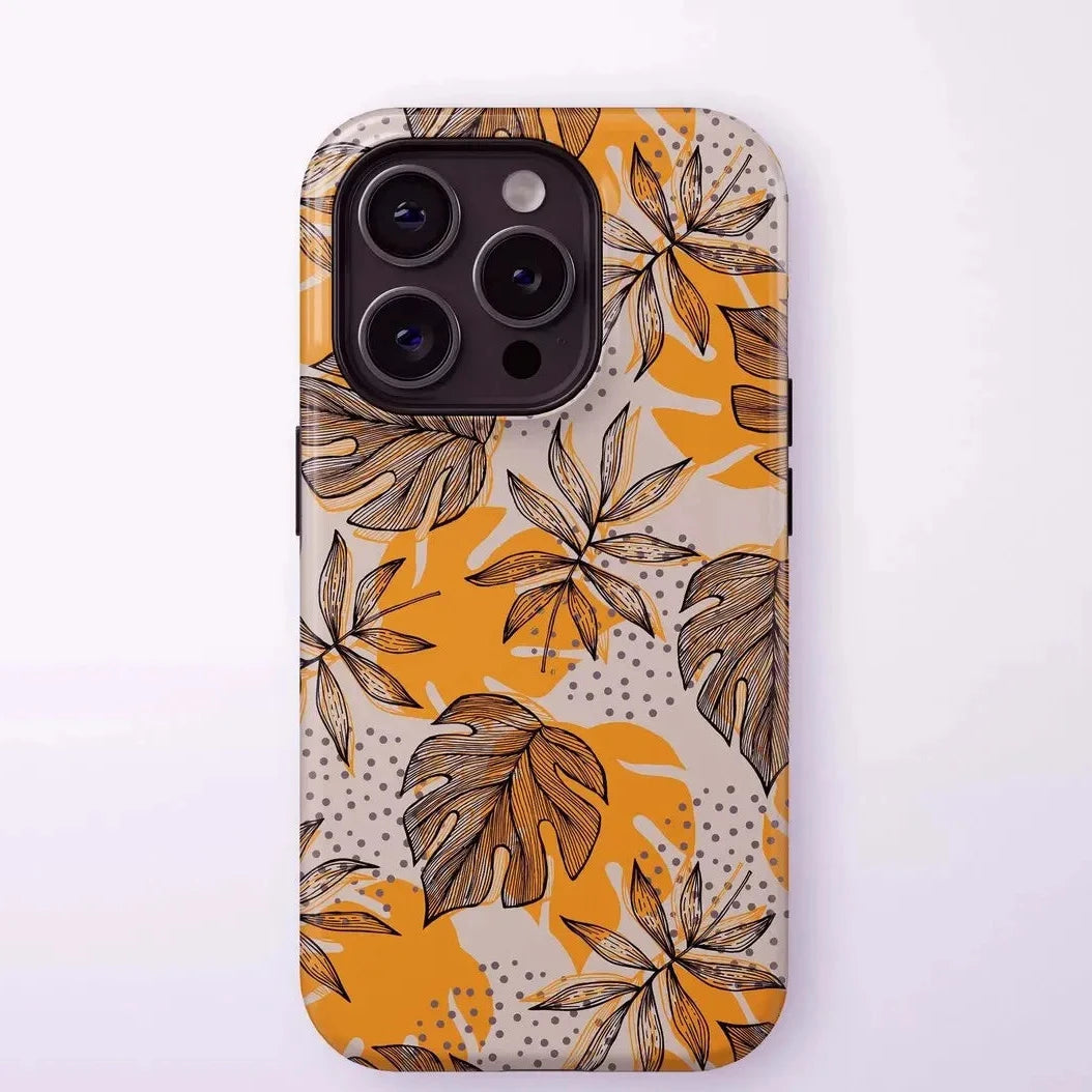 Luxury Yellow Leaf Pattern Case for iPhone 17–7 | Double-Layer Protective Cover