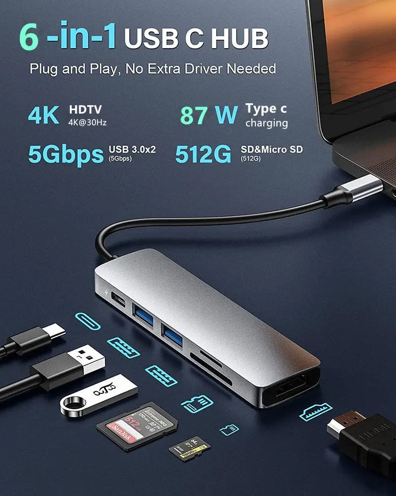 6-in-1 USB-C Hub with 4K HDMI, PD Fast Charge, USB 3.0/2.0 for MacBook iPad