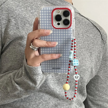 Korean INS Blue Checkered Grid Case with Contrasting Chain for iPhone 16–11 Series