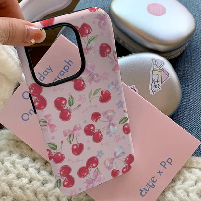 INS Pink Cherry Cartoon Full Screen Phone Case for iPhone 11–16 Pro Max Mini