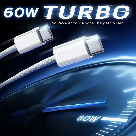 60W PD USB-C Fast Charging Cable for iPhone 16 15 Pro Max Plus Samsung Xiaomi