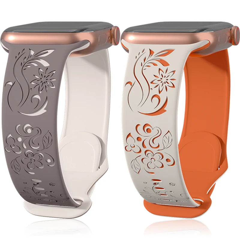 Flower Engraved Silicone Band for Apple Watch Ultra & Series 10–5 | 49–40mm