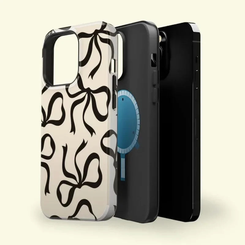Black Bows Magnetic Phone Case for iPhone 16/15/14/13/12/11 Pro Max Plus