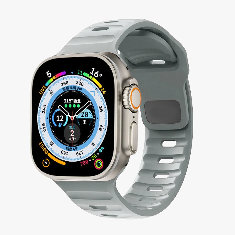 Durable and comfortable silicone strap compatible with Apple Watch Series 5–9 & Ultra.