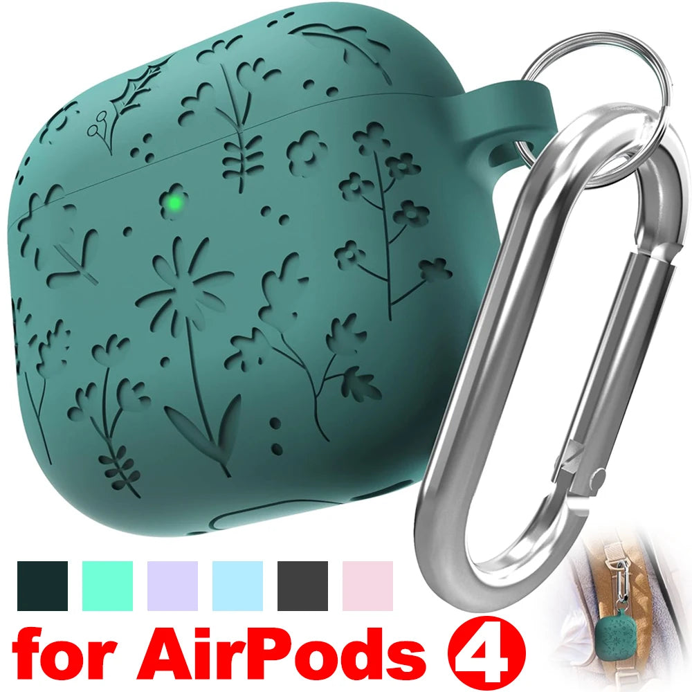 Creative Floral Engraved Silicone Case for AirPods 4 with Keychain