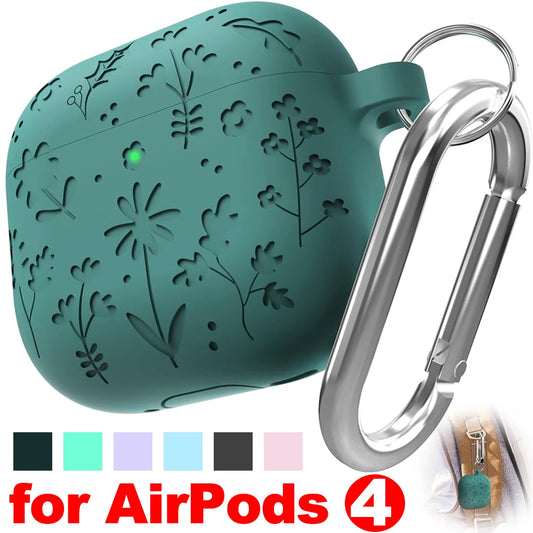 Creative Floral Engraved Silicone Case for AirPods 4 with Keychain